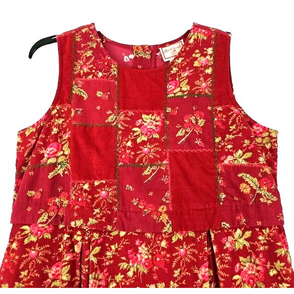 Vintage April Cornell ~Woman Size L~ Red Floral Corduroy Sleeveless Dress Pocket - Picture 3 of 9